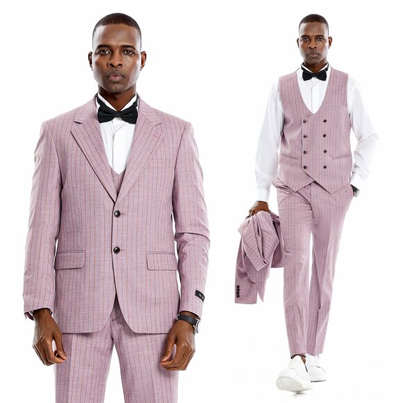 Men's Pinstripe 3-Piece Suit w/ Double Breasted Vest, Dusty Rose - Picture 1 of 8